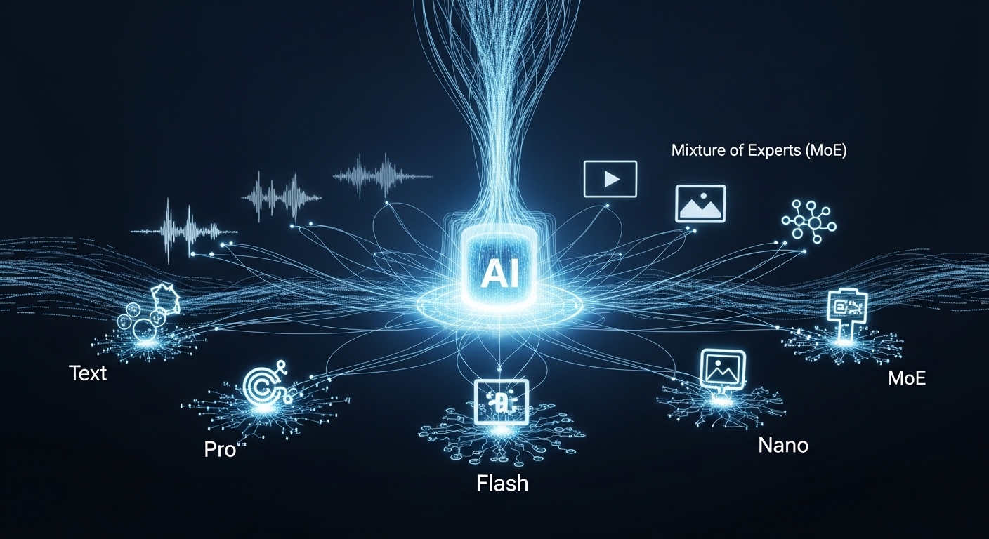 Conceptual image showing various data modalities (text, audio waves, video frames, image icons, code snippets) flowing into a central, glowing AI core, representing Google Gemini's singular multimodal architecture. The core then branches out into specialized, glowing sub-networks, illustrating the Mixture of Experts (MoE) architecture for different AI models like Pro, Flash, and Nano. Dynamic, interconnected lines symbolize seamless reasoning. Futuristic, digital art style.