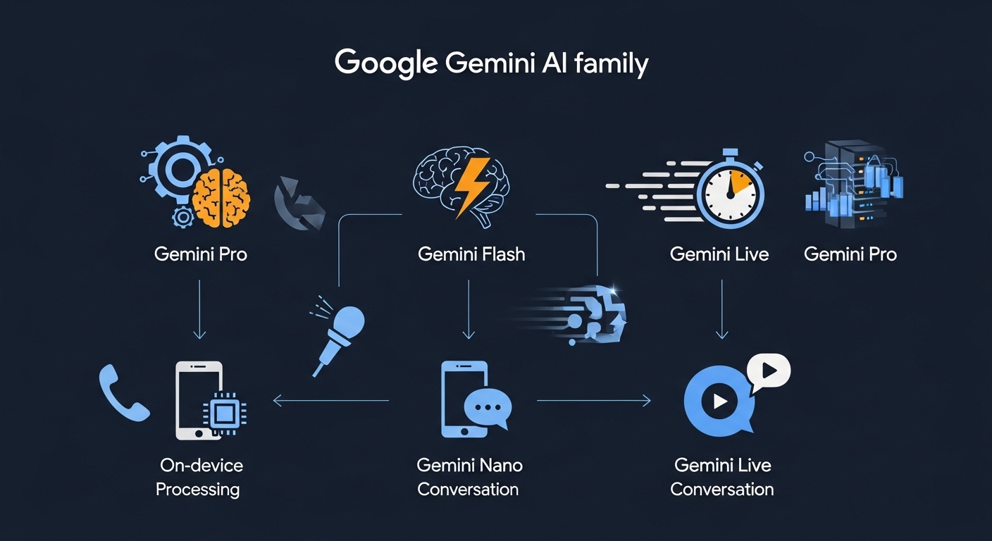 Infographic-style image illustrating the Google Gemini AI family as a diverse ecosystem of specialized models. Show different icons or representations for Gemini Pro (powerful, complex tasks), Gemini Flash (speed, efficiency), Gemini Nano (on-device, mobile phone icon), and Gemini Live (real-time conversation, voice bubble icon). The models are interconnected, showing their tailored applications and the strategic market segmentation. Clean, modern, digital illustration with a clear hierarchy and flow.