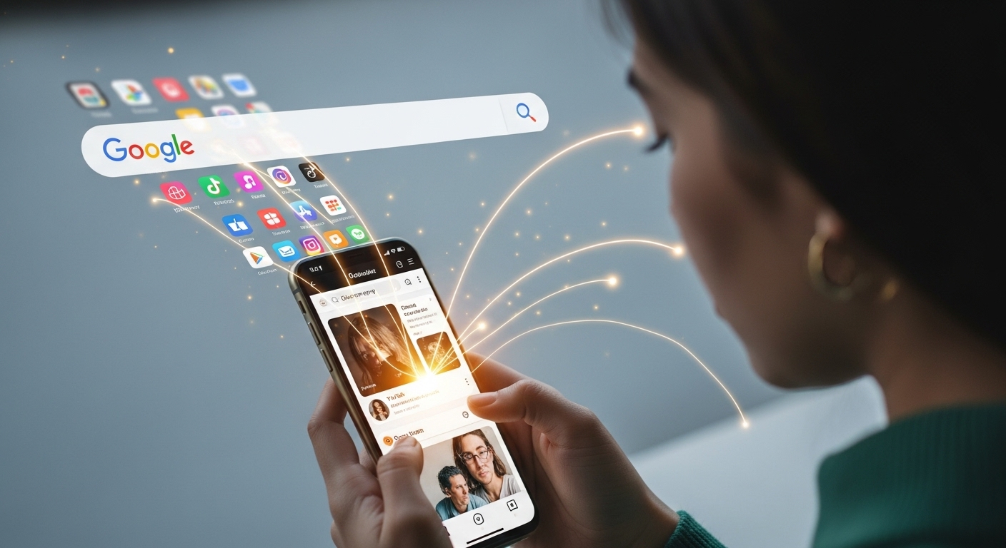 A vibrant, modern image depicting a Gen Z individual using a smartphone to search, with social media app interfaces (like TikTok and Instagram) prominent, surrounded by glowing digital lines representing information flow. The background subtly suggests a shift from traditional search engines, perhaps with a blurred Google search bar transforming into social app icons. Emphasize youth, authenticity, and digital connectivity.