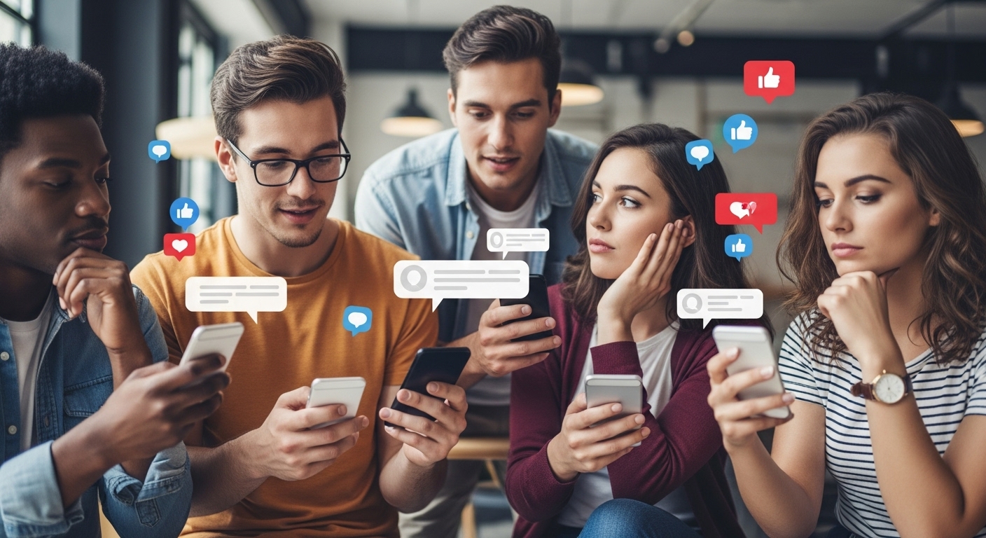 A diverse group of young Gen Z and Millennial individuals (3-4 people) interacting with smartphones, clearly engaged with social media content. One person is confidently presenting something on their phone screen, perhaps a product or recommendation, to a friend who is nodding in agreement, symbolizing peer-to-peer trust. Another might be scrolling through a feed with a thoughtful expression. The setting is modern and casual, like a cafe or co-working space, with subtle social media interface elements (likes, shares, comment bubbles) subtly integrated into the background or floating around their devices, emphasizing digital connection and authentic recommendations. The overall mood should be trustworthy and social, highlighting a preference for real people's opinions.