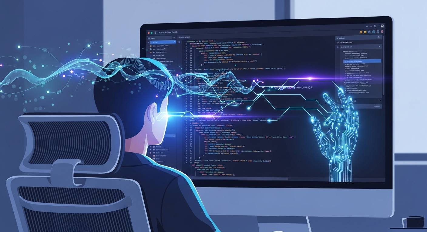 A stylized image depicting a developer working on code in an IDE, with ethereal, glowing AI elements or a phantom hand collaborating on the screen, illustrating the 'Copilot' concept of human-AI partnership in software development. Focus on a modern, clean design with vibrant blue and purple AI accents.