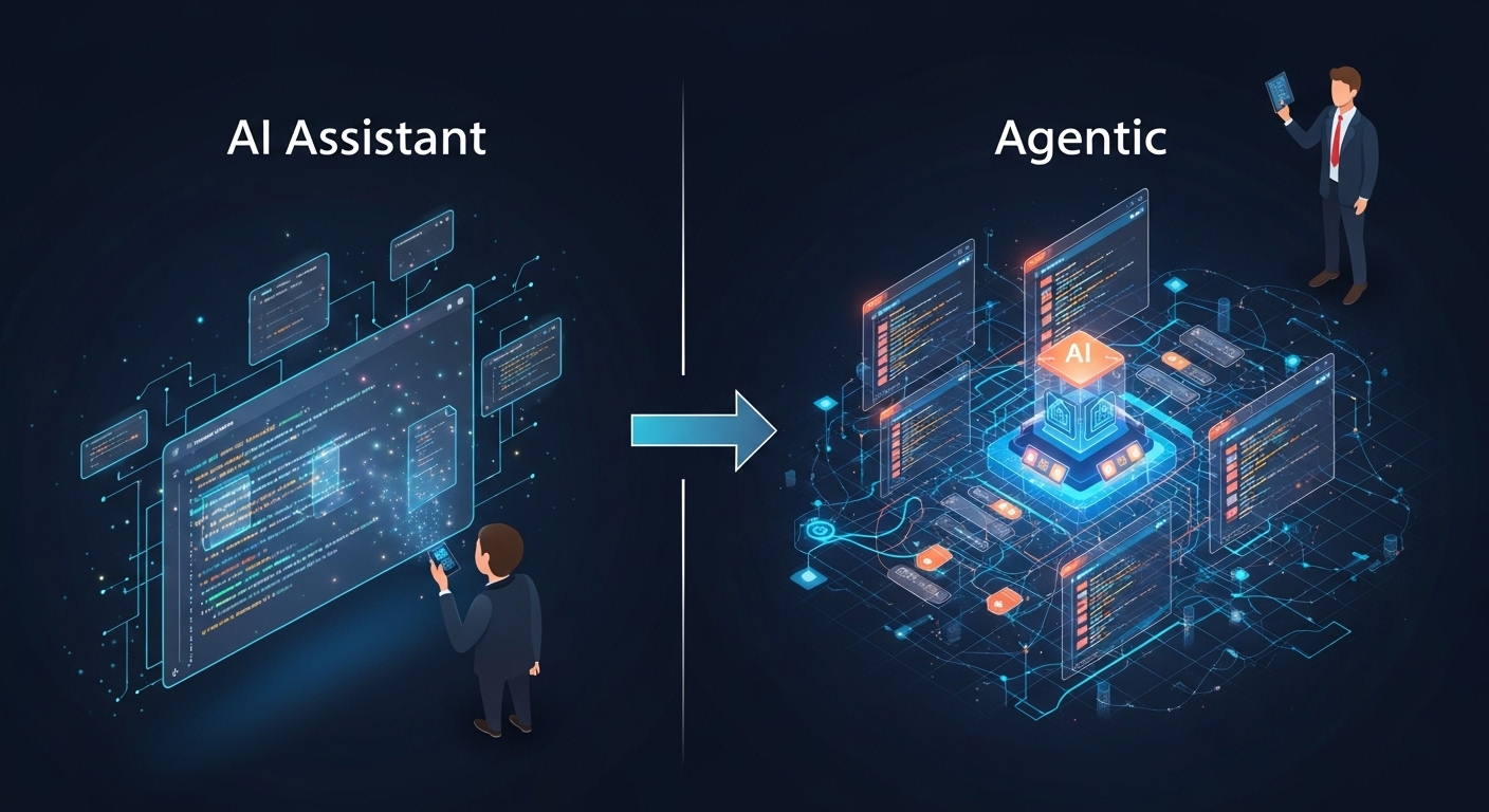 A futuristic, conceptual image showing the evolution of AI in development: on one side, a subtle AI 'assistant' offering code suggestions (represented by light, ephemeral code snippets); on the other, a more prominent, 'agentic' AI autonomously orchestrating a complex coding task across multiple files (represented by a network of interconnected code blocks), with a human overseeing from a higher level, acting as an architect. The overall aesthetic should be digital and forward-thinking, with a sense of progress.