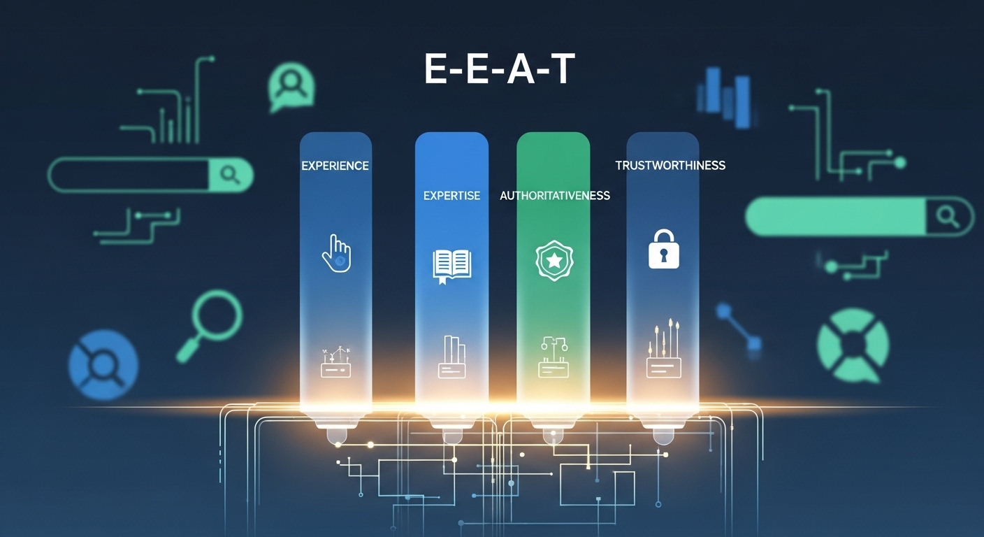 Illustrate the concept of Google's E-E-A-T guidelines with four distinct pillars representing Experience, Expertise, Authoritativeness, and Trustworthiness. Show these pillars supporting a glowing digital blueprint or a strong foundation, with subtle nods to search engines or data credibility in the background. Modern, clean, digital art style.