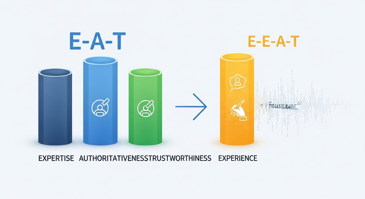 Illustrate the evolution from 'E-A-T' to 'E-E-A-T'. Show three pillars initially (Expertise, Authoritativeness, Trustworthiness) transforming or expanding to include a fourth pillar, 'Experience'. The 'Experience' pillar should distinctly represent human, first-hand insight, perhaps contrasting with a subtle background element hinting at generic AI-generated content. Digital, infographic style, showing progress and conceptual growth.