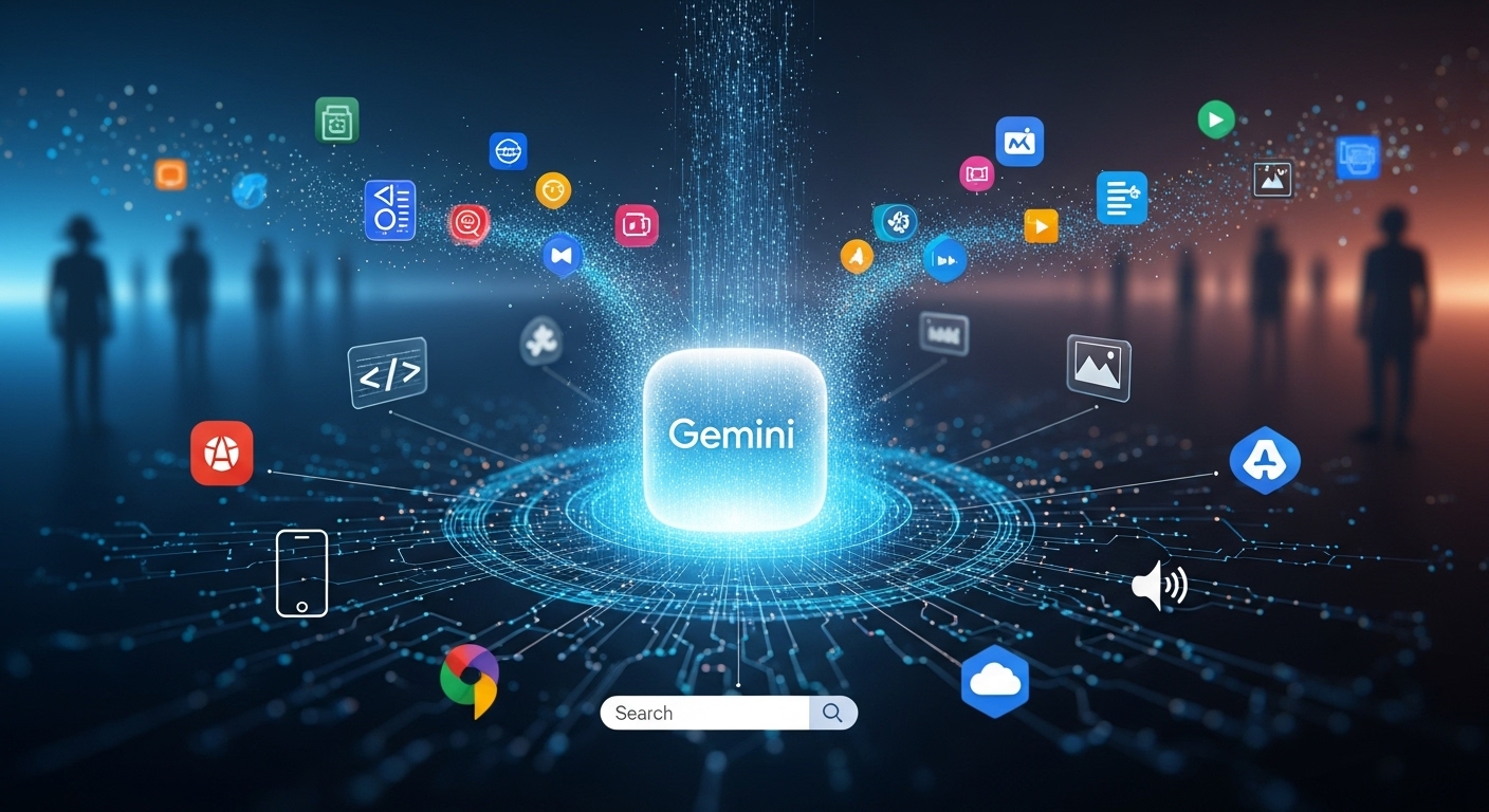 A conceptual illustration of Google Gemini AI, depicting interconnected digital elements, diverse data types (text, code, images, audio, video) flowing into a central, glowing 'Gemini' core. Surrounding it are subtle visual representations of Google's ecosystem: a smartphone icon, a cloud icon, a search bar, and productivity app logos. The overall aesthetic should be futuristic and represent cutting-edge technology, with a hint of a competitive landscape in the background, possibly blurred silhouettes of rival AI systems.