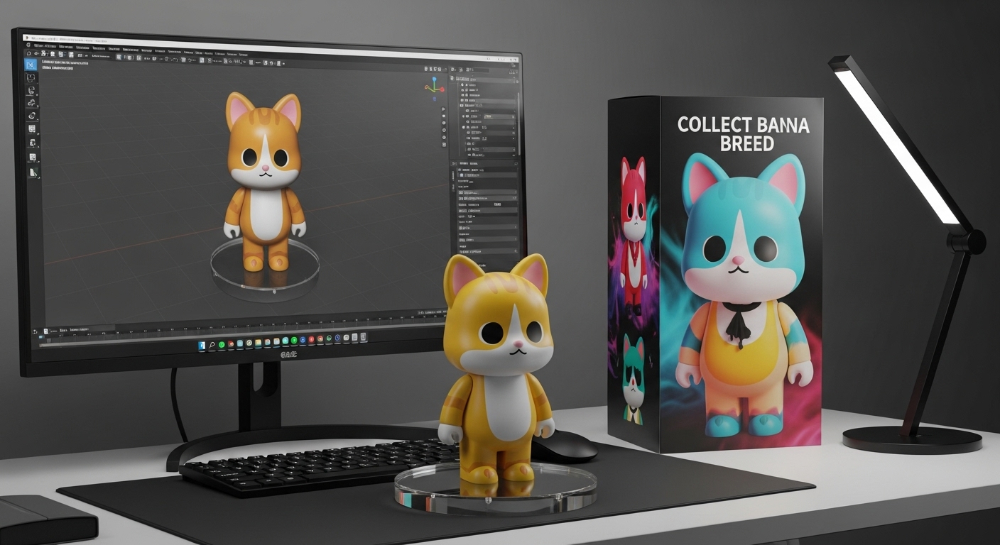 An image demonstrating the 'Nano Banana' AI trend. Show a hyper-realistic 2D collectible figurine of a small, cute animal, perhaps a cat or a dog, rendered in a polished, toy-like style. The figurine is placed on a modern computer desk with a transparent acrylic base. On the computer screen, there's a 3D modeling software interface displaying the same figurine. Next to the screen is a sleek, high-quality collectible toy packaging box featuring vibrant, two-dimensional flat illustrations of the animal. The lighting should create realistic shadows, giving the illusion of three-dimensionality within the 2D image.