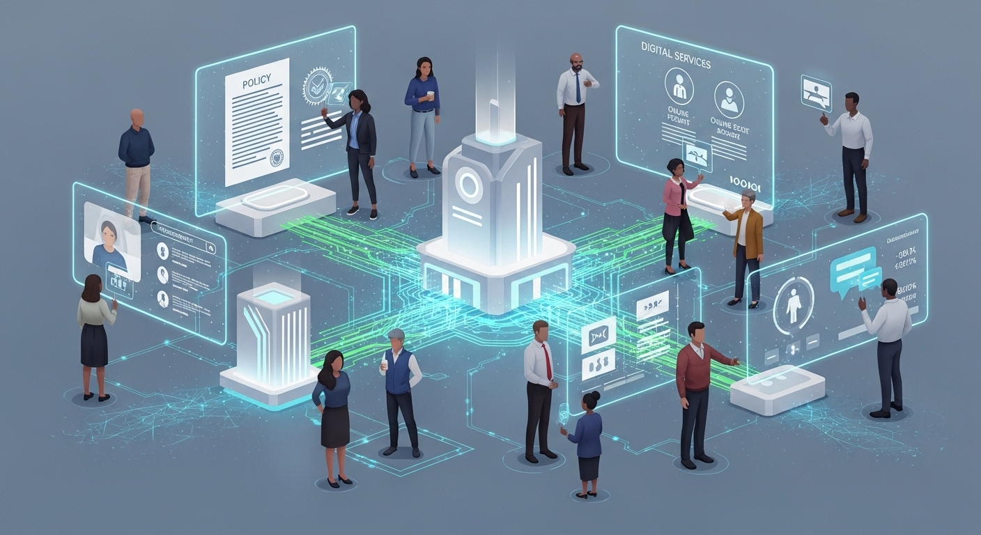 A modern, conceptual image illustrating the convergence of technology and government. Show a stylized network of data flowing between civic structures and diverse citizens, with holographic interfaces depicting policy documents, digital services, and engagement platforms. The color palette should be professional and forward-looking, emphasizing transparency and connectivity in the digital state.