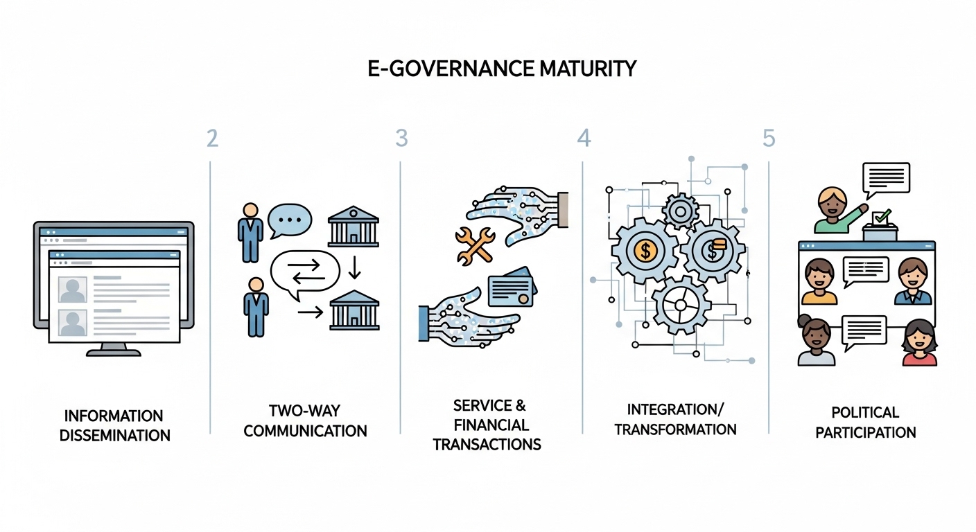 A conceptual illustration depicting the five stages of e-governance maturity. From left to right, show a progression: 1. A static government website with information (Information Dissemination). 2. A dialogue bubble connecting a citizen icon and a government icon (Two-Way Communication). 3. Digital hands exchanging services or payments (Service & Financial Transactions). 4. Interconnected gears or a seamless network representing integrated government departments (Integration/Transformation). 5. Multiple diverse citizens engaging with a digital platform, casting votes or participating in forums, symbolizing digital democracy (Political Participation). Use a modern, clean, infographic style with a consistent color palette and subtle transitions between stages.