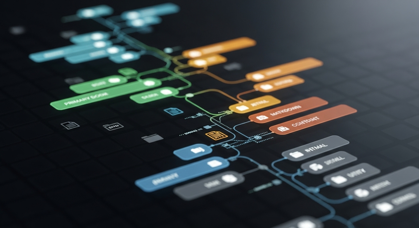 Abstract digital illustration representing data organization. Visual elements include interconnected nodes, hierarchical tree structures, and distinct categorized sections, all flowing together like a well-structured website. Incorporate elements of Jekyll's static site generation, clean lines, and a professional, tech-oriented aesthetic.