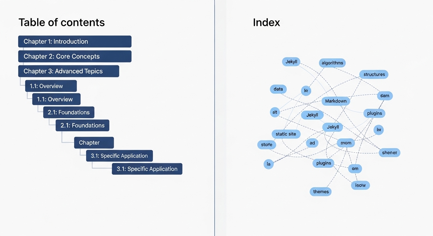 An abstract illustration comparing a book's table of contents (structured, hierarchical list of broad categories) with its index (flat, interconnected web of specific keywords). The image should clearly distinguish between the systematic organization of categories and the cross-referencing nature of tags, using a clean, modern, and tech-oriented aesthetic suitable for a static site generator like Jekyll.