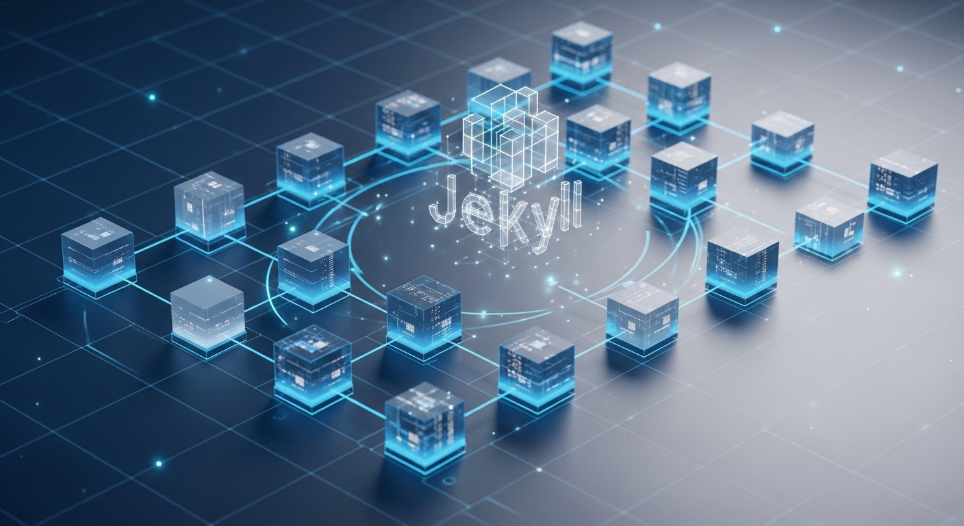 Digital illustration of abstract content blocks neatly organized and interconnected, representing structured data. A subtle Jekyll logo or theme. Futuristic, clean, architectural style, blue and grey color palette.