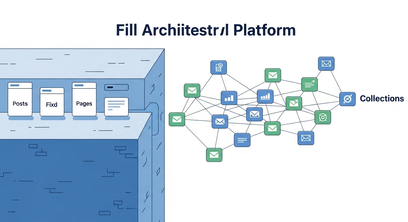 Digital illustration depicting a visual metaphor for an architectural gap being filled or a platform's expansion. On one side, simple, fixed content blocks (representing 'posts' and 'pages') are shown. On the other, a dynamic, interconnected network of diverse content blocks (representing 'collections') emerges, breaking free from rigid constraints and expanding the platform's capabilities. Clean, futuristic style, perhaps with elements suggesting growth and versatility, blue and green color palette.
