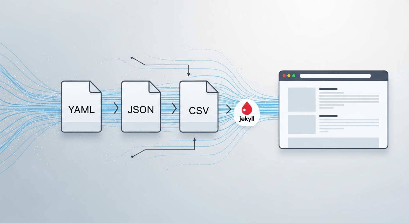 Abstract representation of data flowing into structured blocks, possibly with file icons for YAML, JSON, and CSV. Visually depict data being organized and then rendered onto a website, symbolizing dynamic content on a static site. Clean, modern aesthetic with subtle Jekyll branding elements.