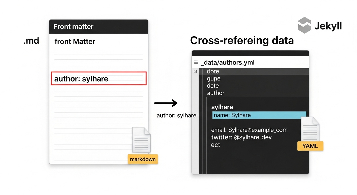 A visual representation of cross-referencing data in Jekyll. Show a markdown file (blog post) with front matter `author: sylhare`, and an arrow pointing to a YAML file (`_data/authors.yml`) containing detailed author information for 'sylhare'. Emphasize the connection between the post's front matter and the `_data` file. The style should be clean, modern, and technical, possibly using file icons for markdown and YAML, and a subtle Jekyll logo.