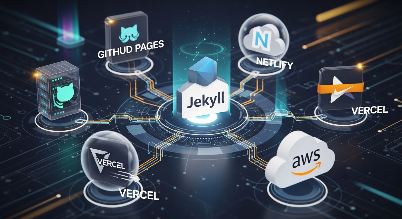 An abstract, high-tech illustration depicting the Jekyll logo at the center, surrounded by interconnected icons representing various cloud deployment platforms like GitHub Pages, Netlify, Vercel, and AWS. Show a data flow or CI/CD pipeline connecting them, with subtle futuristic elements and a focus on strategic deployment.
