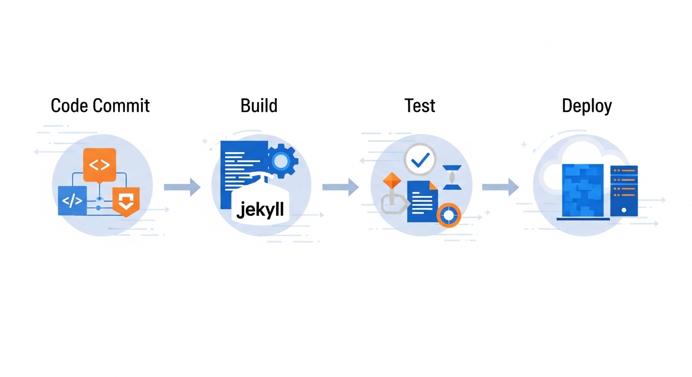 A diagrammatic illustration of a CI/CD pipeline for a static site, specifically a Jekyll project. Show clear stages: 'Code Commit' (Git icon), 'Build' (Jekyll logo and a gear icon), 'Test' (checkmark/testing icons), and 'Deploy' (cloud/server icon). Emphasize automation and data flow between stages with arrows and subtle futuristic elements. The overall aesthetic should be clean, modern, and high-tech, using a palette suitable for a technical blog.