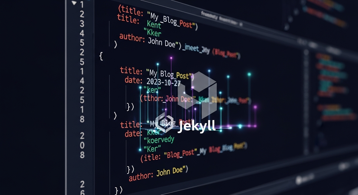 An abstract digital illustration showing a code editor displaying YAML front matter syntax, with data flow lines and a subtle Jekyll logo integrated into a modern, clean design, symbolizing structure and processing.
