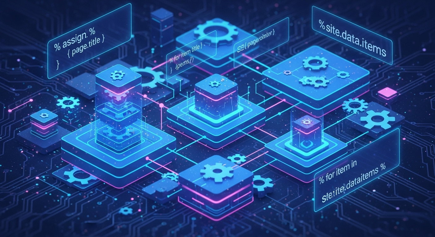 Abstract representation of Jekyll static site generation with Liquid templating code snippets, gear icons, and interlocking data structures, symbolizing advanced customization and development. Digital art, vibrant blue and purple color scheme, tech-focused.