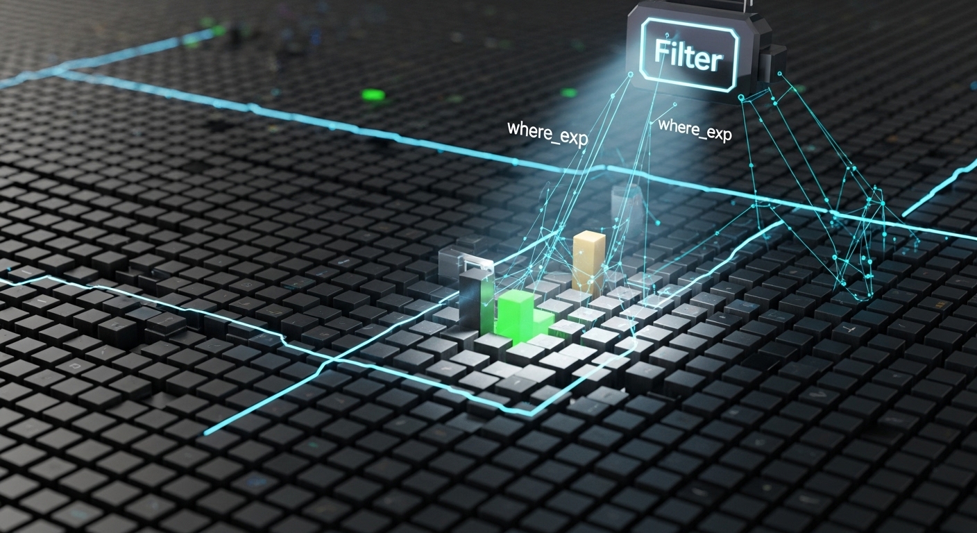 An abstract visualization of data filtering and selection. Imagine a large, unordered grid of colorful, diverse data blocks, with a stylized 'filter' mechanism or a spotlight highlighting a subset of these blocks that match specific criteria, leaving others dimmed or in the background. Use glowing lines or connections to indicate the 'where' and 'where_exp' logic in action. Futuristic, digital art style, with a color palette of blues, greens, and purples to denote technology and precision.