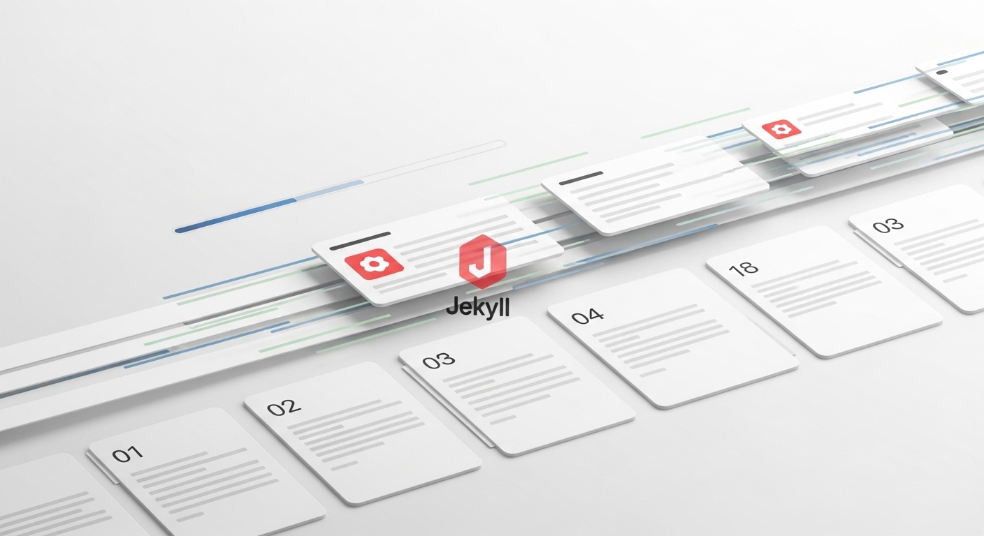 A sleek, minimalist digital illustration showing content blocks flowing into paginated sections, with the Jekyll logo subtly integrated. Emphasize speed, organization, and scalability for static sites. Use a clean, modern aesthetic with subtle performance indicators like speed lines or loading bars.