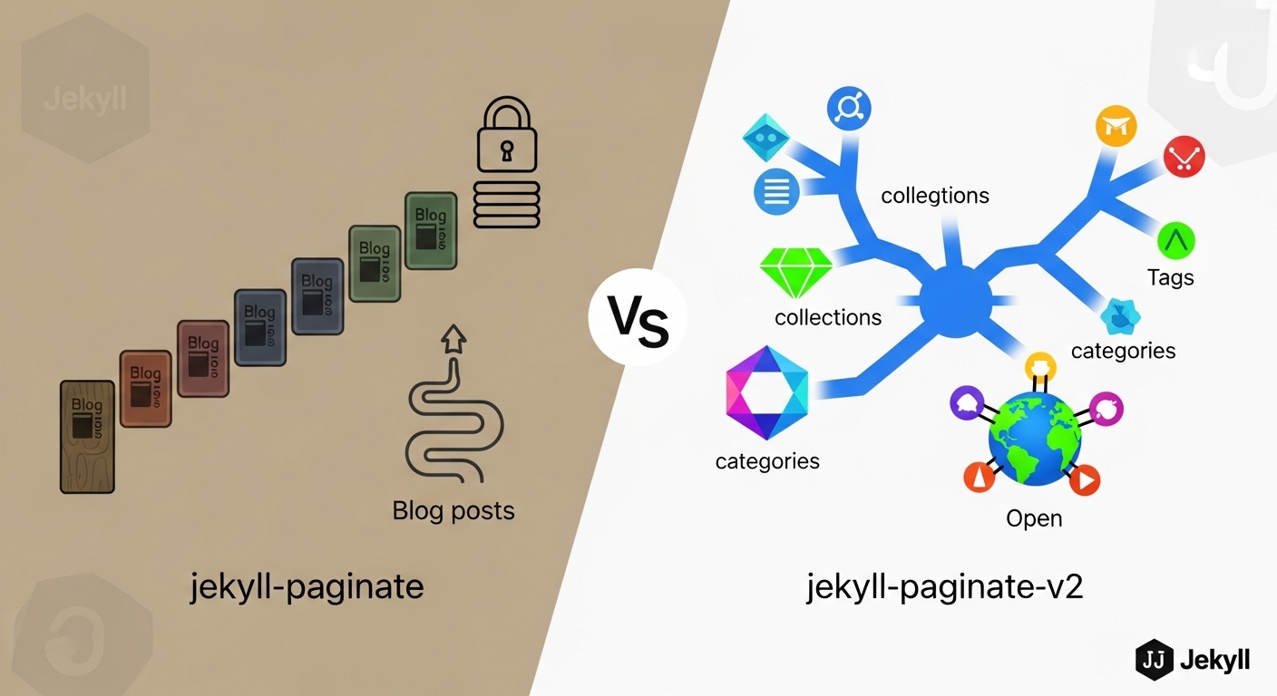 A split screen or side-by-side comparison illustrating two different approaches to pagination in Jekyll. On one side, represent 'jekyll-paginate' with a simple, linear flow of blog posts and a small, restricted icon (e.g., a locked padlock over a collection symbol, or a single winding path). Use muted, traditional colors. On the other side, represent 'jekyll-paginate-v2' with a complex, branching flow of diverse content types (collections, tags, categories) and an expansive, open icon (e.g., a branching network, a multi-faceted diamond, or a globe with multiple interconnected nodes). Use vibrant, modern colors. The overall style should be clean, technical, and digitally illustrated, highlighting the difference in flexibility and power, with subtle Jekyll branding integrated into the visual.