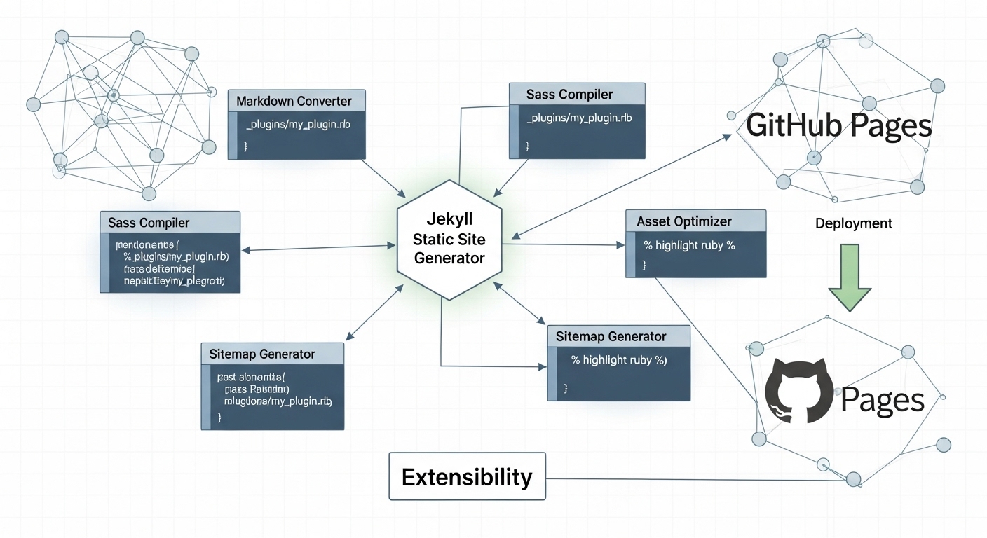 A visual representation of Jekyll's plugin architecture, showing code blocks connecting to a larger static site generator structure, with the GitHub Pages logo subtly integrated, emphasizing extensibility and deployment.