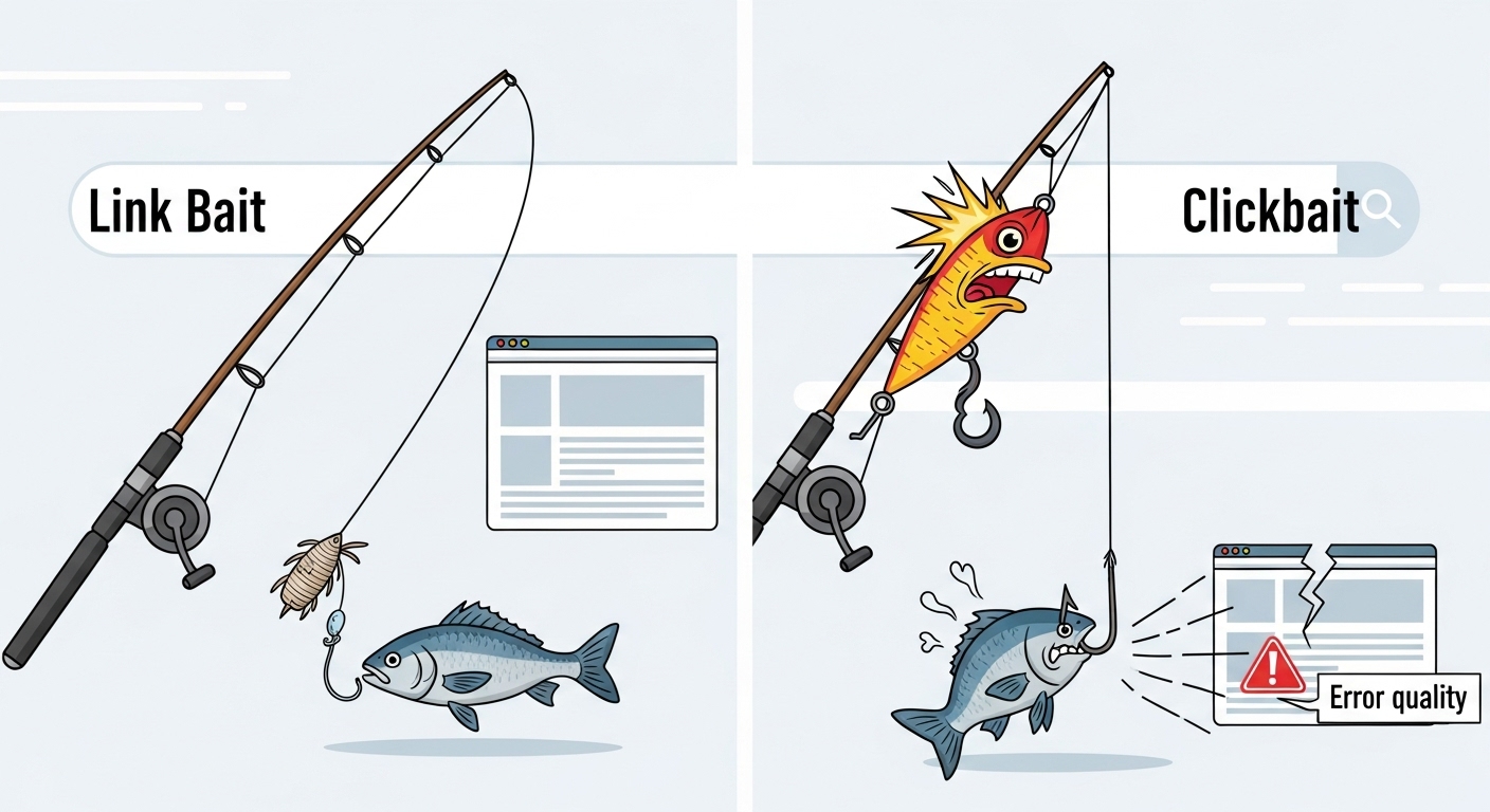 A visual representation of two fishing poles side by side: one with a natural, enticing bait labeled 'Link Bait' attracting a healthy fish towards a reputable website, and the other with a flashy, exaggerated, and misleading lure labeled 'Clickbait' with a frustrated, hooked fish, leading to a broken or low-quality webpage. The background could subtly suggest a digital interface or search engine results. Emphasize the contrast between ethical value and deceptive manipulation.