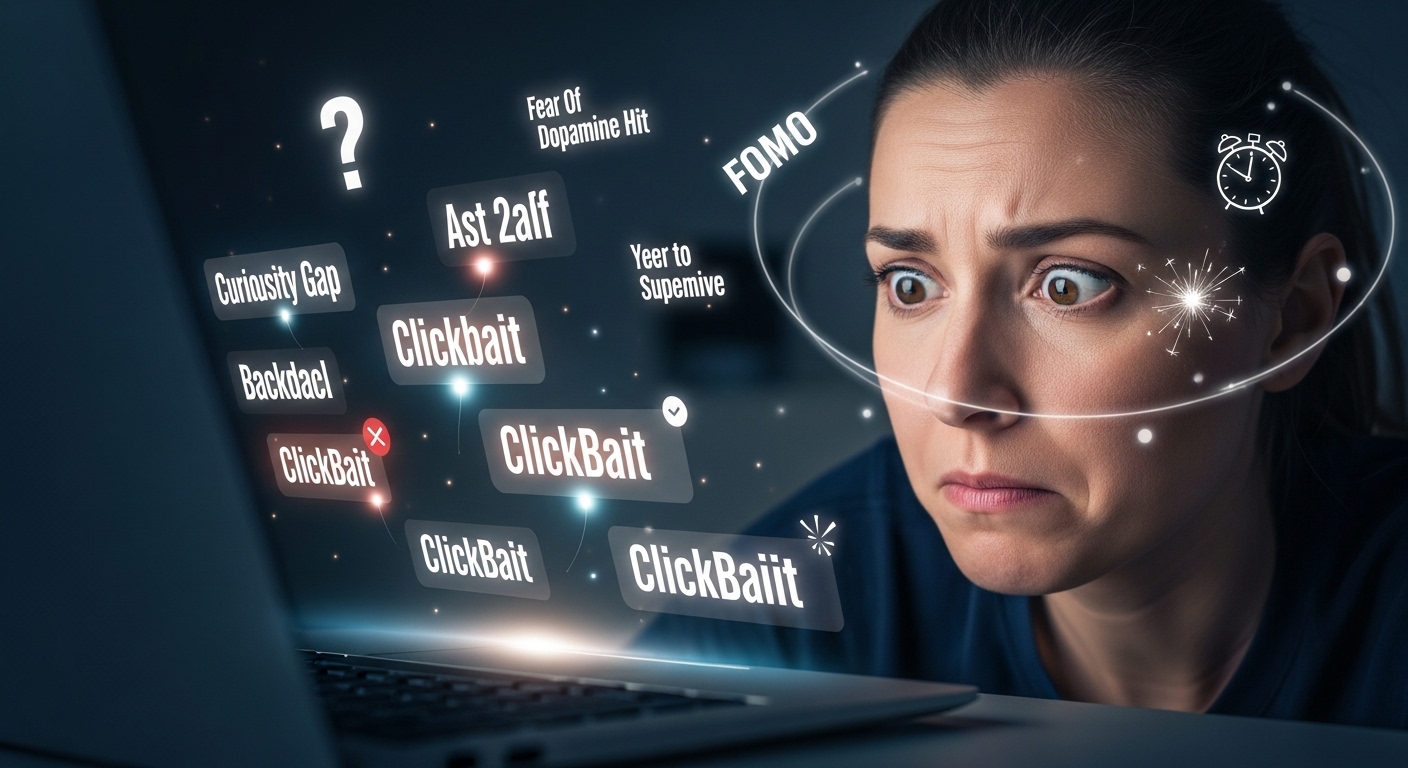 A person, perhaps with an exaggerated expression of curiosity or mild confusion, looking at a digital screen (laptop or smartphone) displaying various clickbait headlines. These headlines have glowing, enticing, but slightly deceptive elements. Around the person's head, subtle visual metaphors for psychological triggers like a question mark (curiosity gap), a clock ticking (FOMO), and perhaps a small, fleeting 'spark' or 'burst' (dopamine hit) are depicted. The overall mood should suggest subtle manipulation rather than outright deception, highlighting the psychological pull of clickbait. The background could be slightly blurred, focusing on the user and the screen.