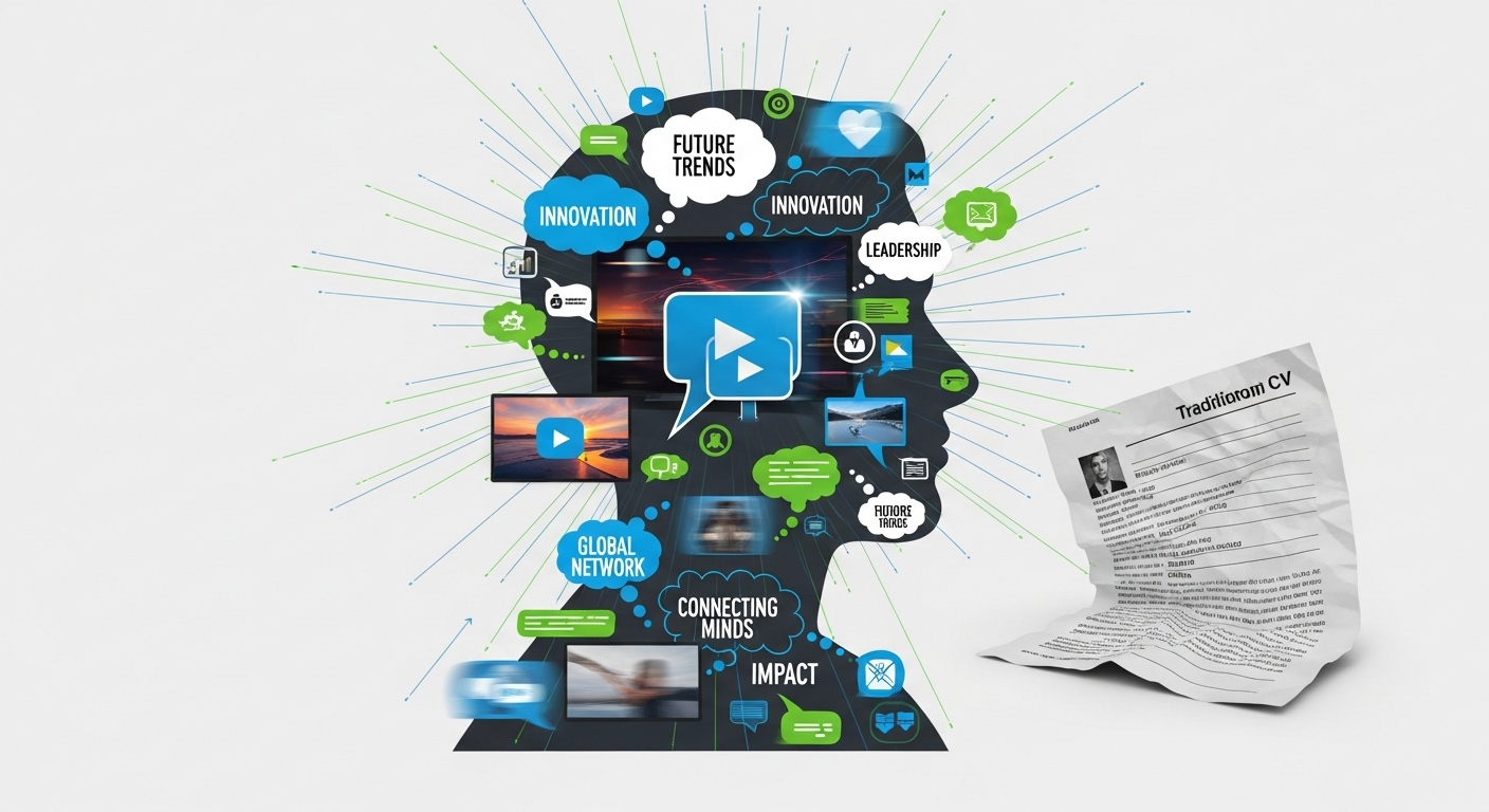 A professional's silhouette on LinkedIn, composed of dynamic micro-content pieces like thought bubbles, short videos, and text snippets, radiating authority and connecting with a global network. The background subtly shows a discarded, static CV. Modern, digital art style.