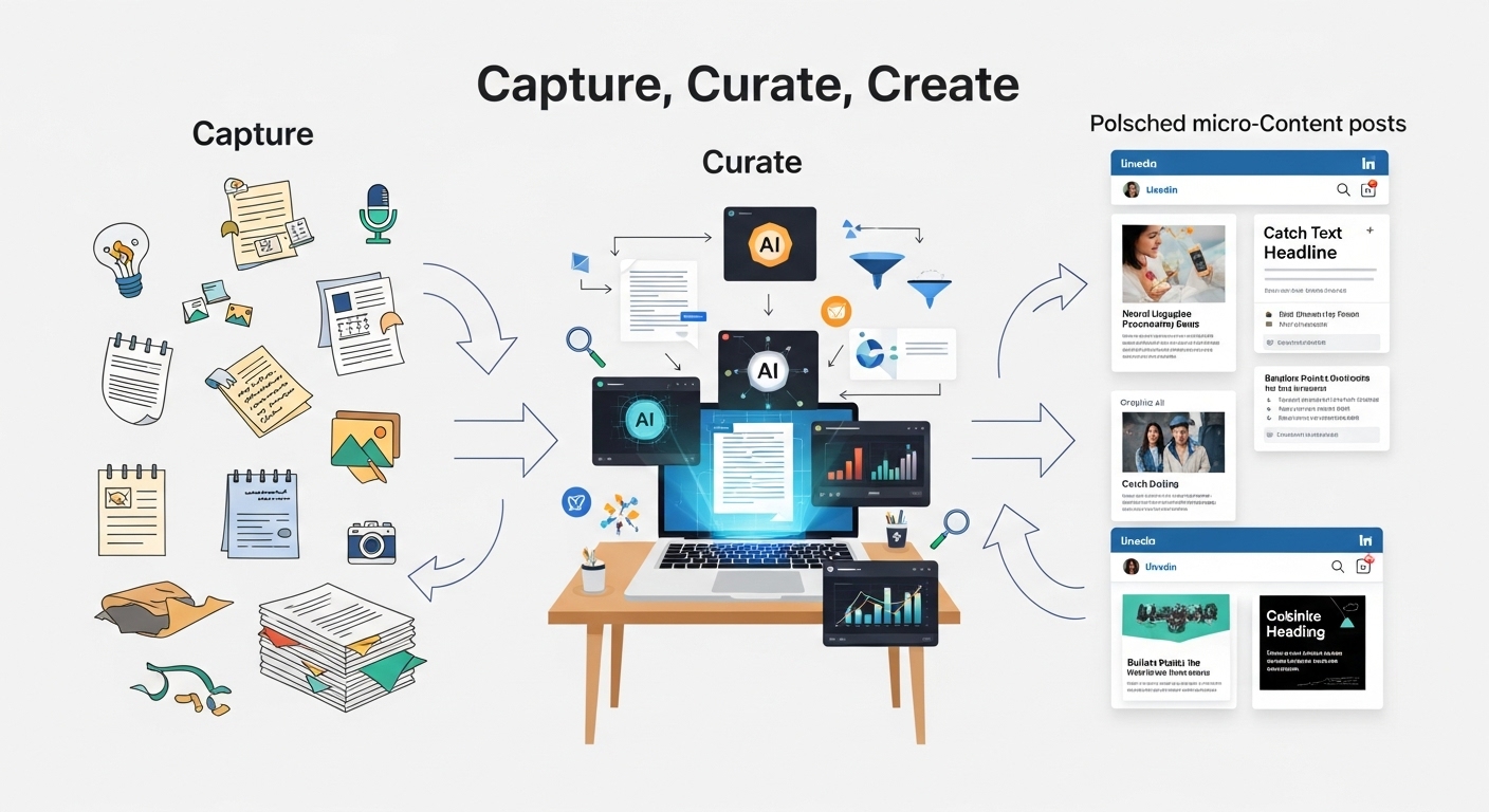 A visual representation of the 'Capture, Curate, Create' content framework. On one side, scattered raw ideas, notes, and academic papers are depicted as initial input. In the center, a digital workbench with AI tools, showing a transformation process with arrows leading to polished, engaging micro-content posts (like short text, bullet points, and visuals) emerging on the other side, ready for publication on a platform like LinkedIn. Clean, modern, and conceptual design.