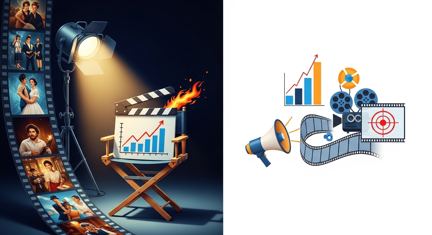 A vibrant, conceptual image blending classic film elements (film strip, spotlight, director's chair) with modern marketing symbols (bar charts, megaphone, target icon), illustrating the idea of movies as a dynamic classroom for strategic business insights. Use a sophisticated and engaging art style.