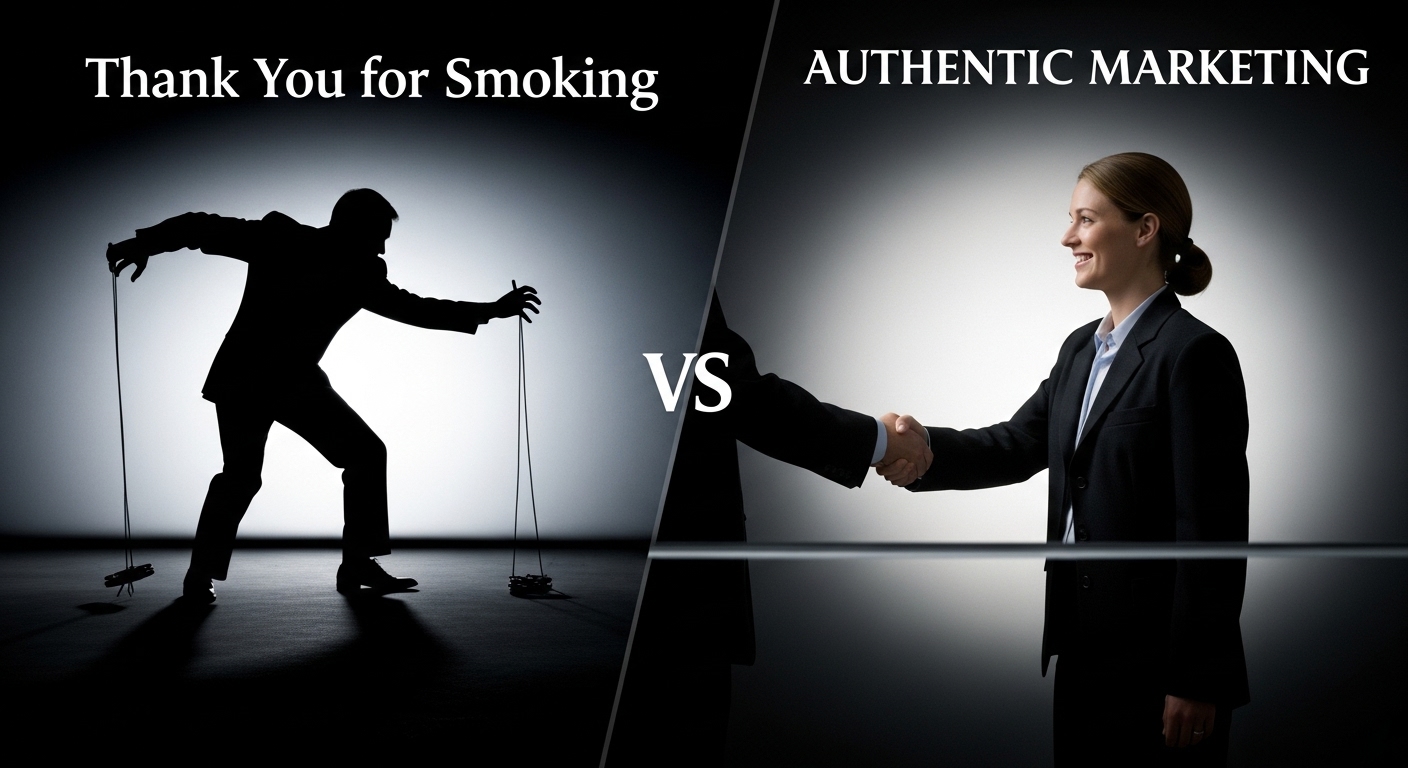 A compelling visual metaphor contrasting manipulation vs. authentic marketing. One side depicts a shadowy figure pulling strings or using deceptive spin (representing 'Thank You for Smoking'), while the other side shows two people genuinely shaking hands or building trust, with a spotlight on sincerity (representing 'Jerry Maguire'). The image should convey a moral tightrope or a clear divergence in paths, with a professional, thought-provoking aesthetic.