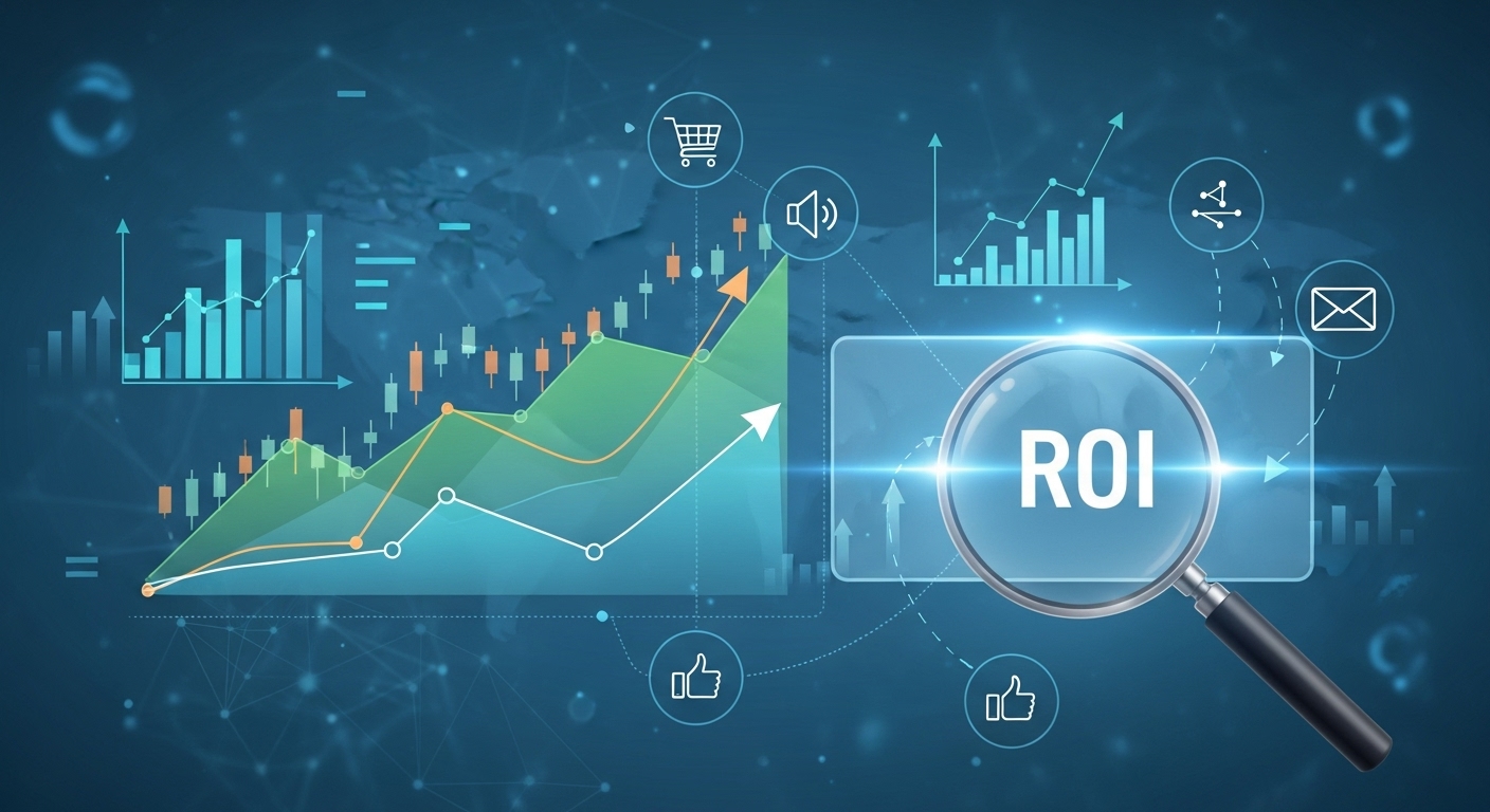 A professional, stylized image depicting a digital dashboard with upward-trending financial graphs and charts, intertwining with subtle digital marketing icons. A magnifying glass hovers over a 'ROI' metric, symbolizing measurement and success. The color palette should be modern, clean, and optimistic, with elements of growth and data analysis.
