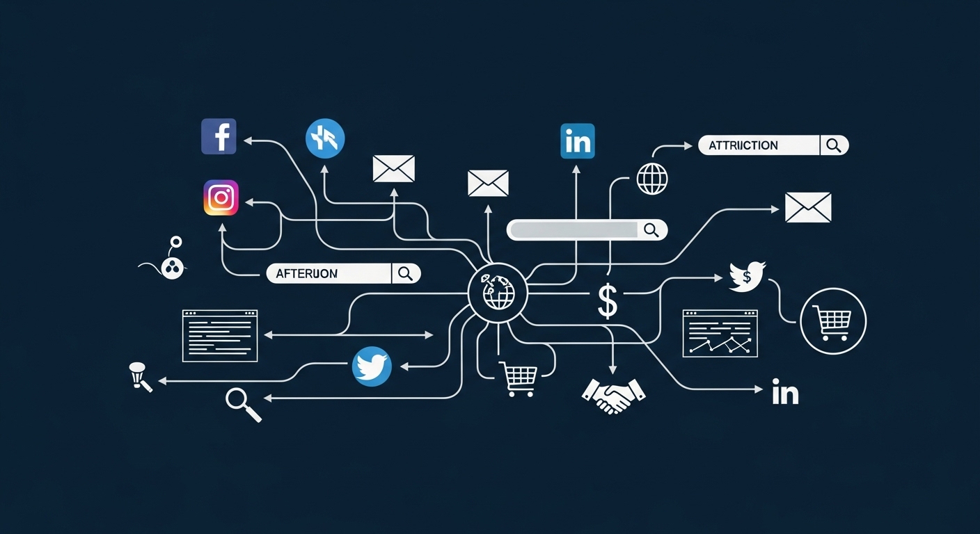 A complex, non-linear digital marketing customer journey visually represented, with multiple interconnected touchpoints like social media icons, email envelopes, search bar magnifying glasses, and website symbols. Lines or arrows show varied paths leading to a central conversion point, symbolizing the attribution dilemma. The style should be modern, infographic-like, with a clean design, showcasing the challenge of assigning credit across diverse interactions.