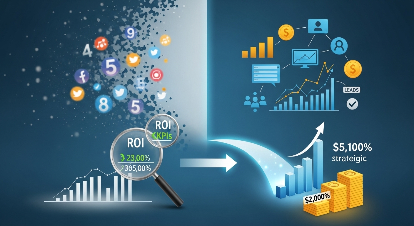 A conceptual image illustrating the transition from superficial 'vanity metrics' to tangible business value in digital marketing. On one side, represent abstract, non-actionable numbers or social media icons fading away. On the other side, show clear charts, graphs, and symbols of revenue growth, leads, and conversions. Emphasize data-driven insights and strategic impact, possibly with a magnifying glass over key performance indicators or a path leading to a growing bar chart.
