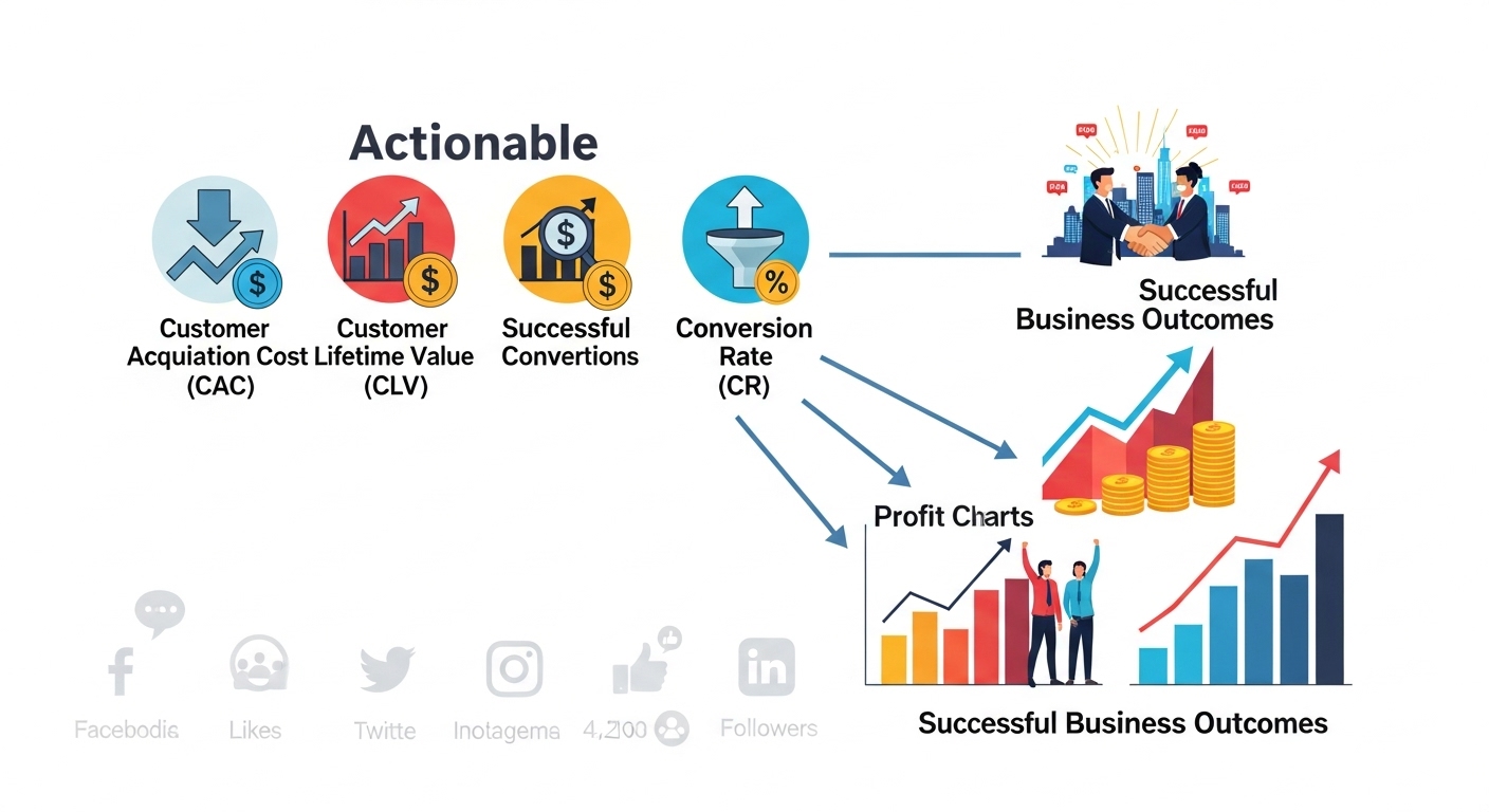 A visual illustrating the concept of actionable business metrics. Show symbols representing Customer Acquisition Cost (CAC), Customer Lifetime Value (CLV), and Conversion Rate (CR) clearly leading to growth in revenue, profit charts, and successful business outcomes. Contrast this with fading or small, insignificant social media icons or 'likes' in the background, subtly implying their lack of actionable value. Focus on clear, quantifiable results and strategic insights.