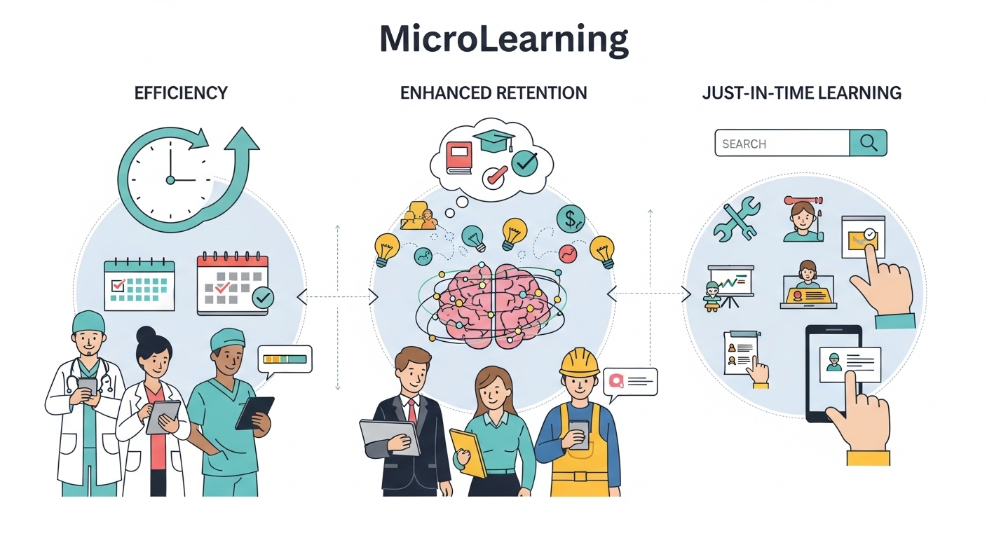 An infographic-style illustration depicting the core benefits of microlearning: efficiency, enhanced retention, and just-in-time learning. Show diverse professionals (e.g., healthcare worker, office worker) on mobile devices, quickly accessing bite-sized educational content, with visual elements representing knowledge retention (brain, memory pathways) and time efficiency (clock, calendar) in a modern, digital aesthetic.