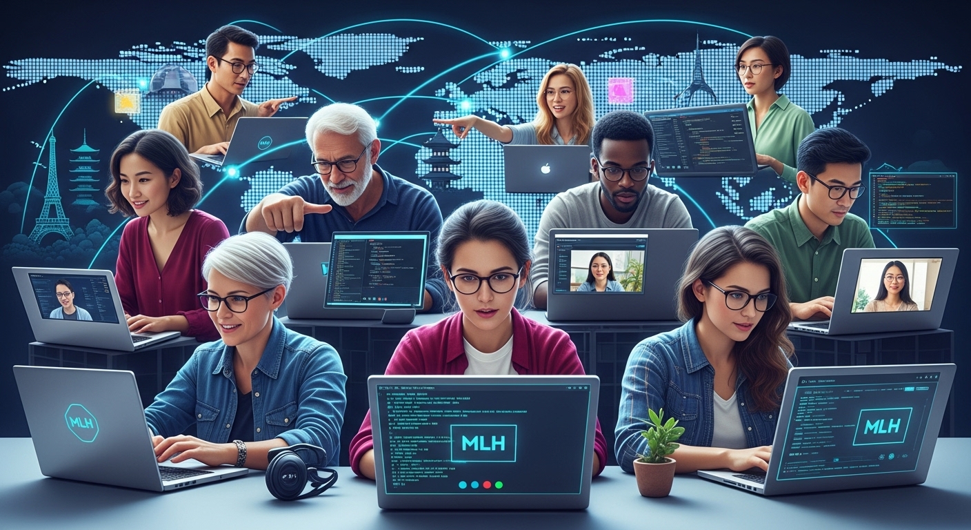 Diverse group of people from around the world collaboratively coding and learning together on laptops, connected virtually. The scene should convey a sense of global community, accessibility, and focused learning, with subtle MLH branding elements. Bright, engaging colors, digital lines connecting different locations.