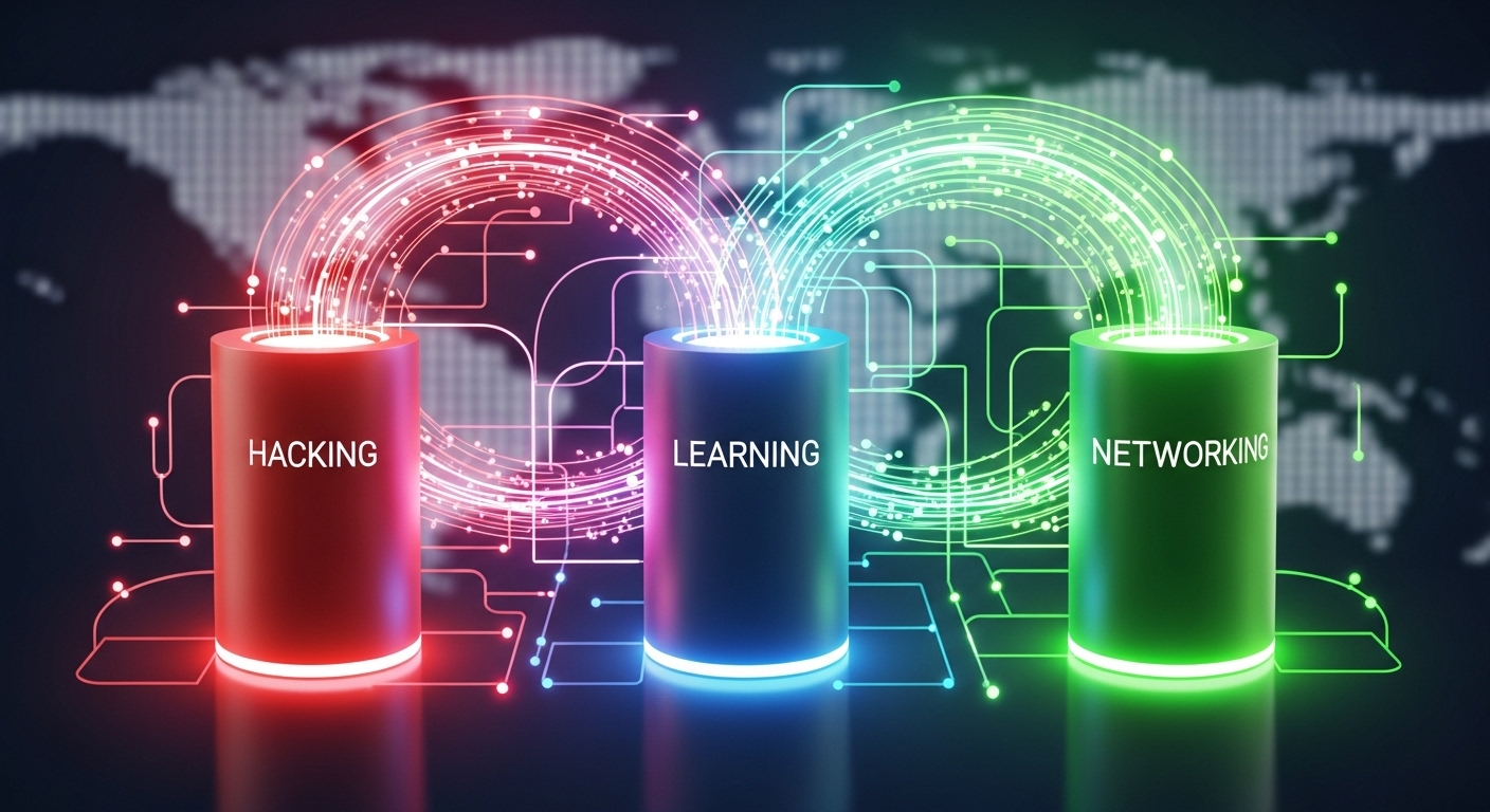 A conceptual, vibrant illustration depicting three interconnected pillars or nodes labeled 'Hacking', 'Learning', and 'Networking', forming a dynamic, cohesive structure. Digital lines and light streams connect these elements, symbolizing collaboration and flow. The background should be subtly global, hinting at a worldwide community. Use bright, engaging colors with a modern, clean aesthetic.