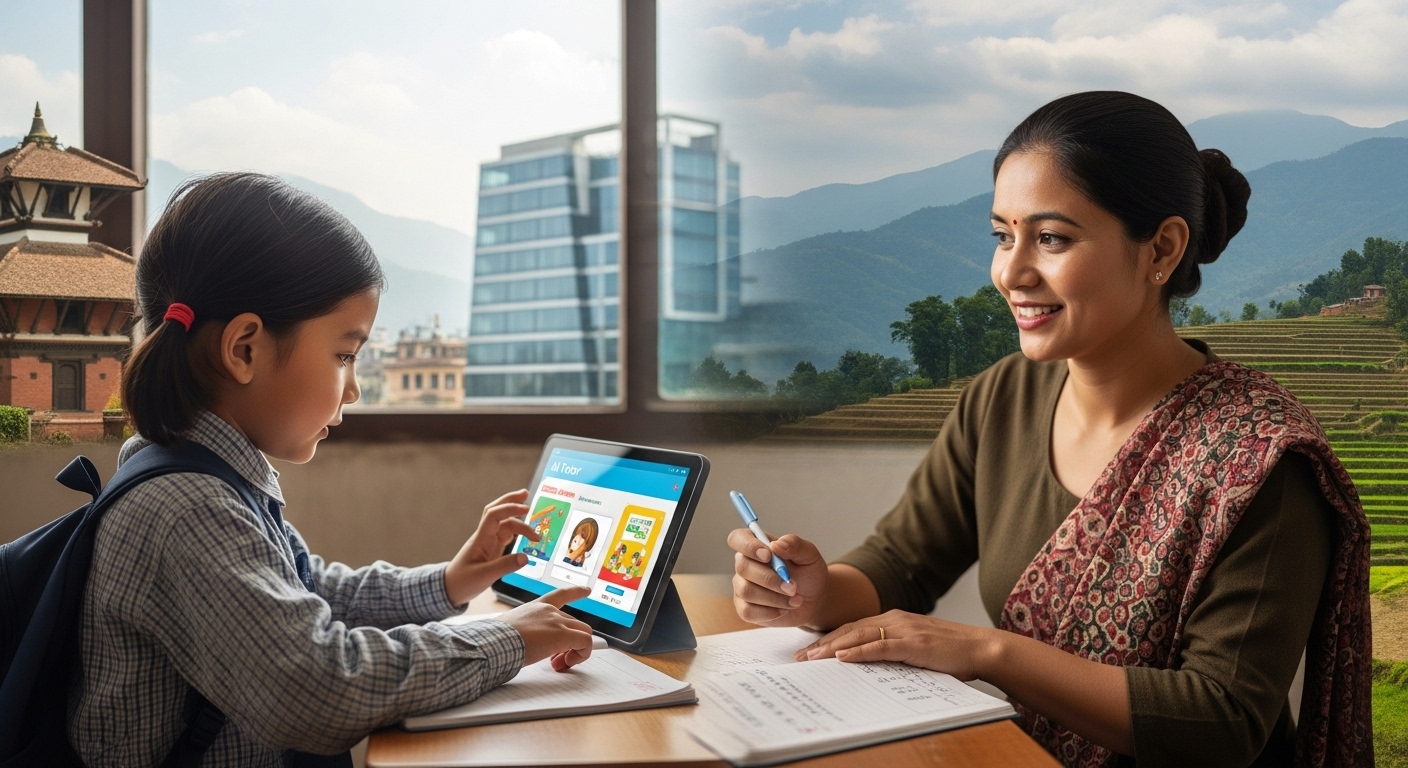 Illustrate the concept of AI and human teachers collaborating in Nepal's education. Show a Nepalese child learning from both a digital AI tutor interface (tablet/screen) and a human teacher in a classroom setting. The background should incorporate subtle elements of Nepal's diverse landscape, hinting at both urban and rural environments, symbolizing the bridging of the digital divide. Focus on a harmonious, forward-looking integration.