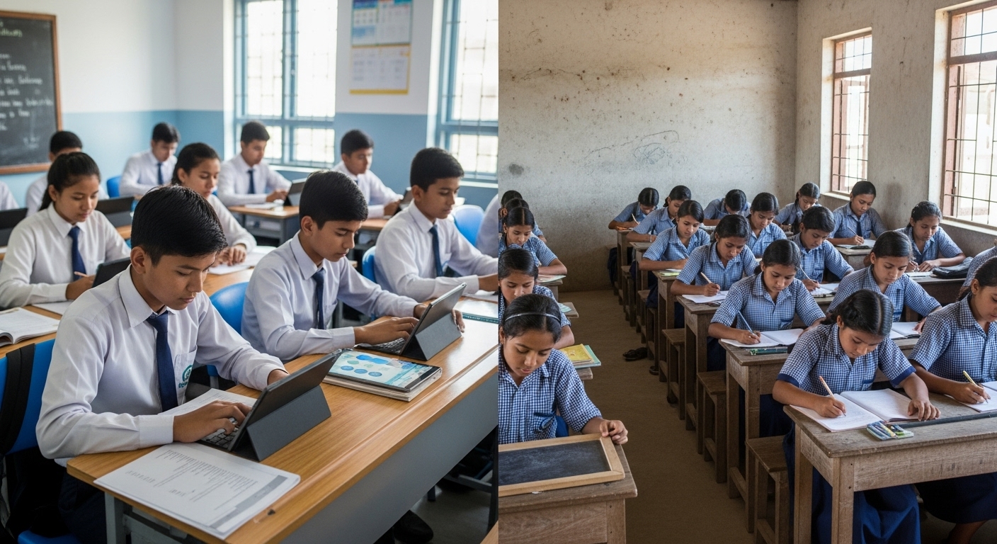 Illustrate the stark digital divide in Nepal's education system. On one side, show a modern, urban Nepalese classroom with students actively using digital devices (tablets, laptops) and seamless broadband internet for learning. On the other side, depict a contrasting rural Nepalese school classroom with students learning without any digital technology, perhaps using traditional slates, paper, and textbooks, emphasizing the lack of infrastructure and access. The image should clearly highlight the inequality in educational technology access between urban and rural settings within a single, split-frame or side-by-side composition.