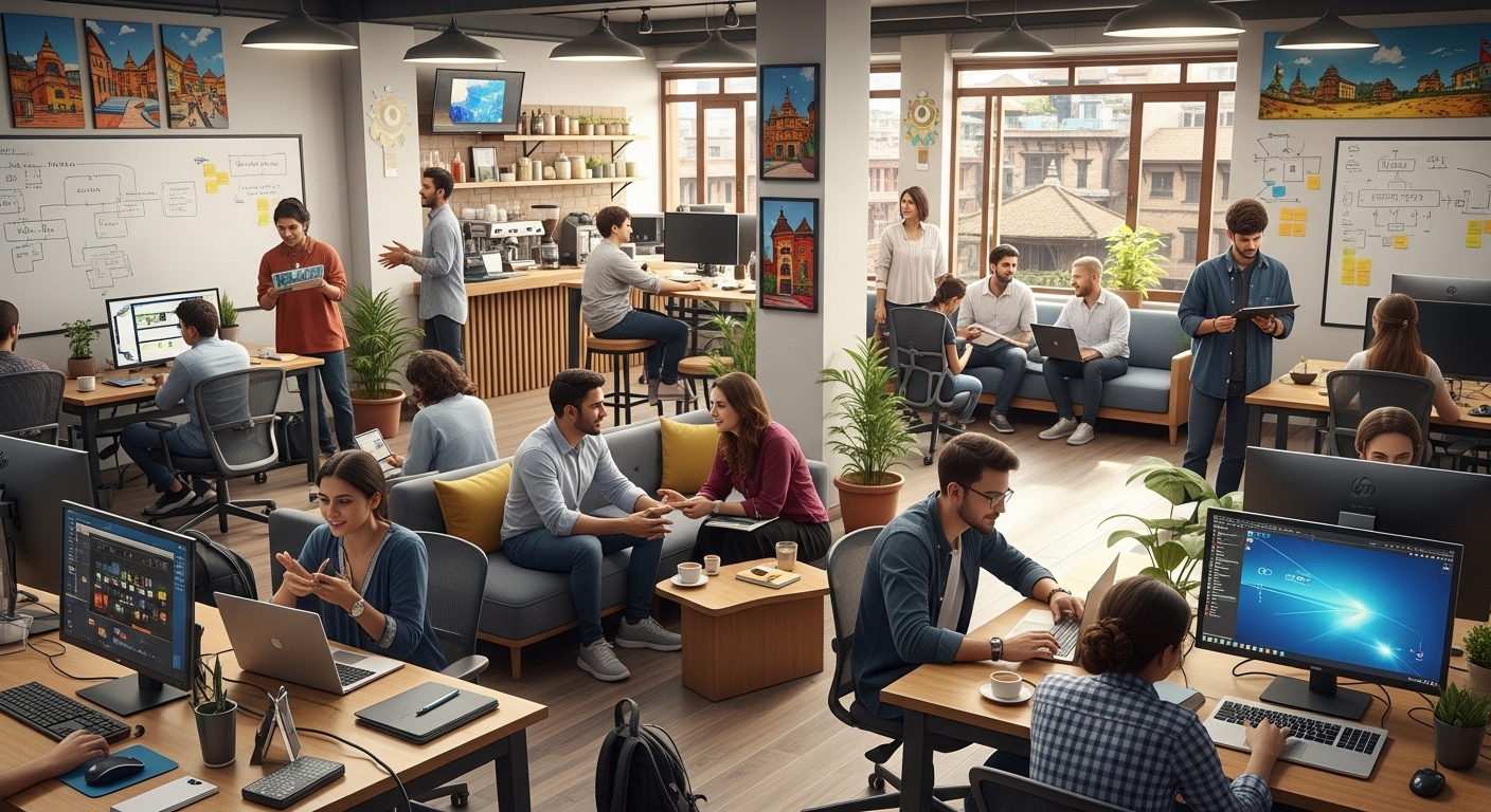 A vibrant, modern coworking space in Kathmandu, Nepal, filled with diverse young professionals, freelancers, and startup teams collaborating and networking. Show elements like comfortable desks, natural light, and a sense of community. The atmosphere is energetic and collaborative, reflecting Nepal's thriving startup ecosystem.