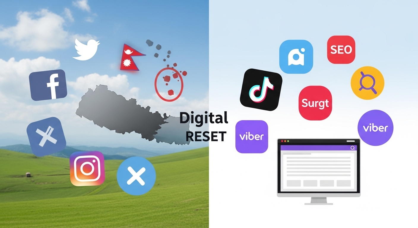 A digital landscape in Nepal, showing a clear shift. One side shows old, fading social media icons (like Facebook, Instagram, X) being replaced or phased out. The other side highlights new dominant platforms like TikTok and Viber, along with emphasis on a strong website and search engine optimization. The imagery should convey the idea of a 'new digital paradigm' or a 'reset' in online marketing in Nepal.