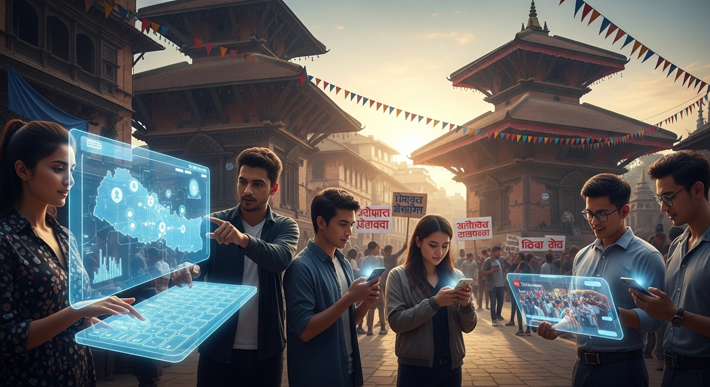 A dynamic image blending traditional Nepali architecture with futuristic digital elements. In the foreground, diverse young Nepali citizens are actively engaged with glowing holographic interfaces or smartphones, symbolizing digital activism and civic technology. The background hints at a movement or uprising for internet freedom, with a resilient and forward-looking mood.