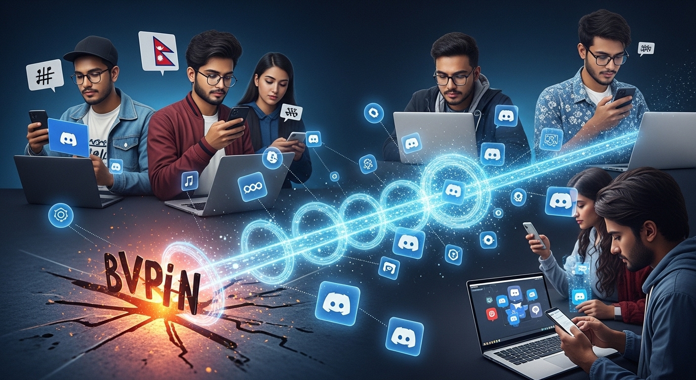 A modern, symbolic 'Hydra Effect' image in the context of digital activism. A central, blocked communication channel is surrounded by numerous new, glowing, decentralized digital pathways (like VPN tunnels, encrypted chat bubbles) emerging and spreading. In the background, diverse young Nepali individuals are actively engaging with smartphones and laptops, their screens showing symbols of protest and alternative communication apps like Discord. The mood is resilient and determined, highlighting strategic bypass of censorship.