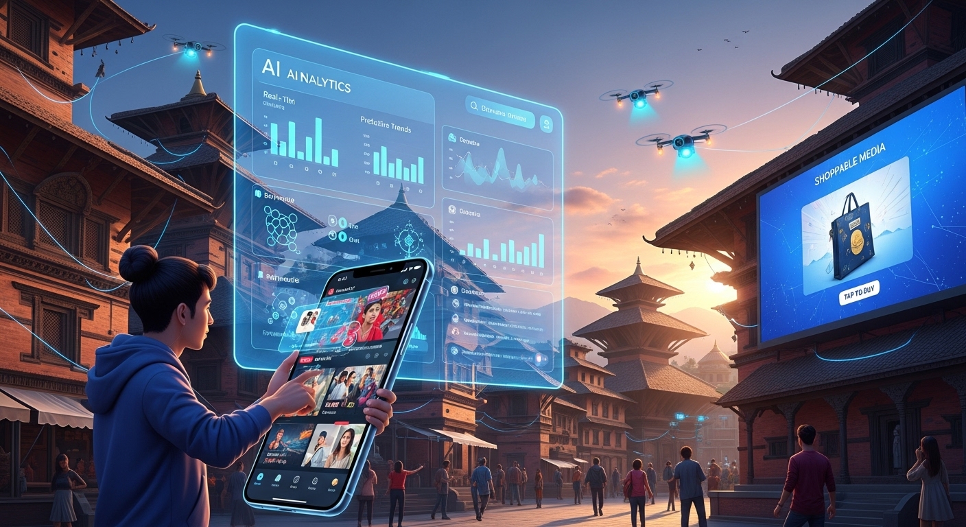 A vibrant, futuristic depiction of Nepal's digital marketing landscape for 2026. Elements include a holographic interface displaying AI analytics, a Nepali content creator engaging with a smartphone, shoppable media on a screen, and a subtle blend of traditional Nepali architecture with modern digital connectivity. The scene should convey dynamism, technology adoption, and local context.