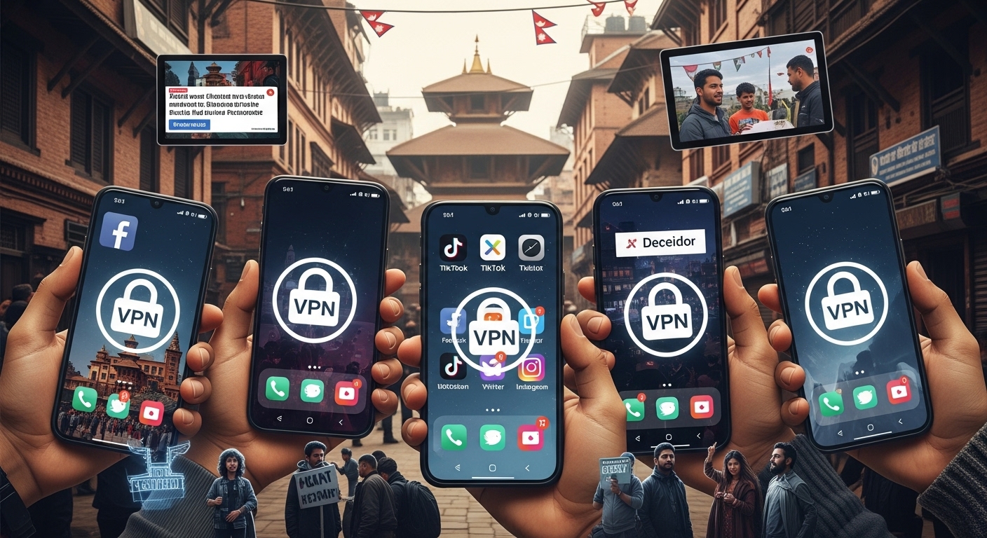 A powerful, symbolic image illustrating digital defiance in Nepal after a social media ban. In the foreground, hands holding smartphones display various social media apps with a clear VPN symbol, indicating bypass. In the background, a subtle but recognizable Nepali urban setting with signs of digital protest or public mobilization, such as small groups of people, reflecting the widespread public reaction. The image should convey resilience, technological ingenuity, and the strong integration of social media into Nepali life, contrasting with implied government attempts at censorship.