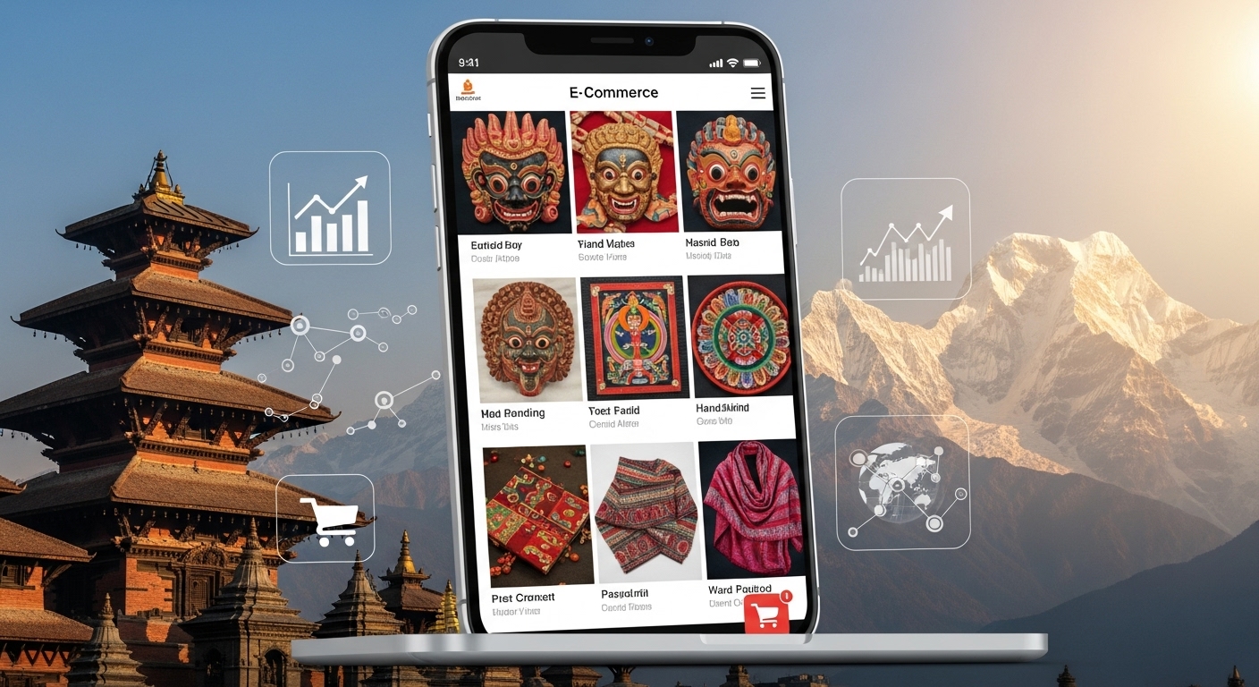 A vibrant image depicting a modern smartphone or laptop displaying an e-commerce website, with elements of traditional Nepali architecture or the Himalayas subtly in the background. Overlay digital marketing icons like charts, graphs, or network connections, emphasizing the fusion of technology and local culture.