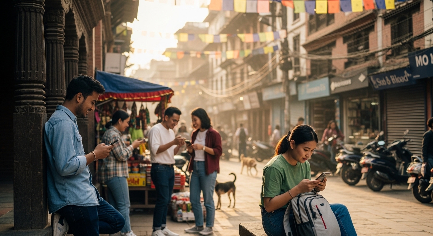 Vibrant scene in a bustling Nepali city, possibly Kathmandu, featuring several young adults actively engaged with their smartphones. One person might be browsing an e-commerce app, another on social media, emphasizing mobile-first digital engagement. Include subtle nods to Nepali culture, like traditional architecture in the background. The overall mood should be modern, connected, and dynamic.