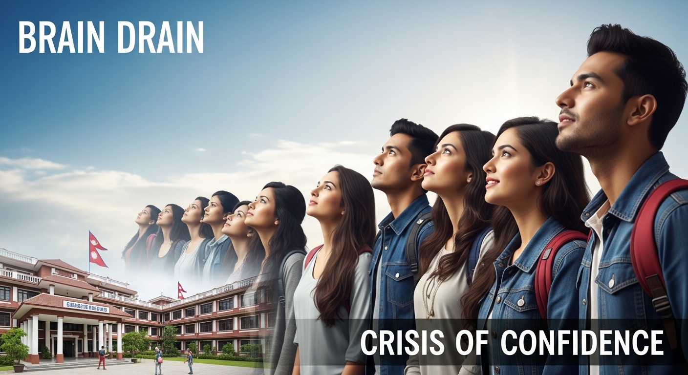 Strategic Digital Marketing for Nepal's Education Sector 1 A conceptual image illustrating the "brain drain" phenomenon in Nepal's education sector. Show a group of young, ambitious Nepali students looking towards a brighter, international horizon, symbolizing studying abroad. In the foreground, a domestic Nepalese educational institution appears less appealing or struggling to attract their attention, representing the "crisis of confidence." The overall mood should convey aspiration mixed with a sense of local challenge.